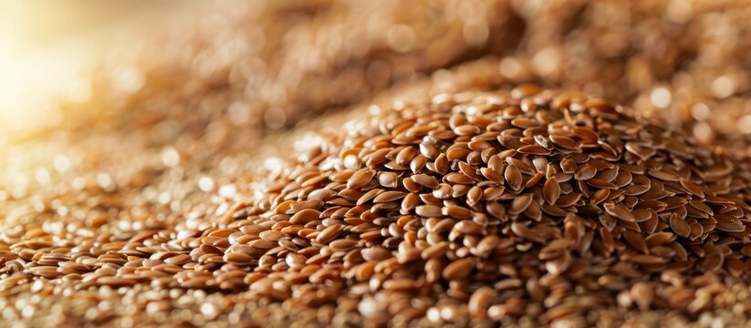 Close-up of brown flaxseeds piled together. The seeds have a shiny surface and are rich in nutrients, commonly used in health foods and cooking.
