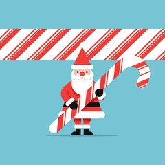 Santa Claus holding a candy cane on a blue background.