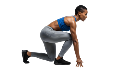 Athletic woman in sportswear in starting position ready for a race or workout, fitness and training concept