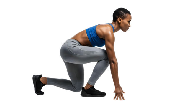 Athletic woman in sportswear in starting position ready for a race or workout, fitness and training concept - Powered by Adobe
