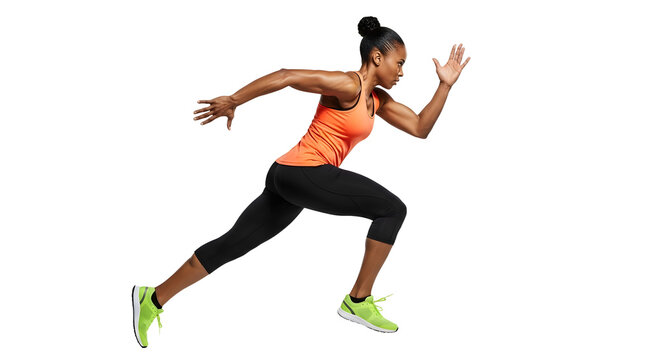 Athletic woman sprinting in running shoes and sportswear isolated on white background, perfect for fitness and sports campaigns