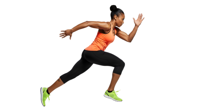 Athletic woman sprinting in running shoes and sportswear isolated on white background, perfect for fitness and sports campaigns