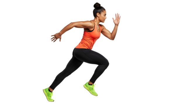 Female athlete sprinting in orange tank top and black leggings isolated on black background, perfect for fitness and sports projects