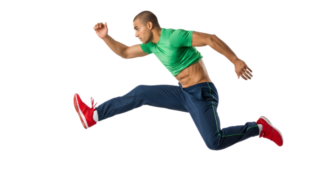 Young athletic man jumping mid-air wearing green shirt and red sneakers isolated on black background, perfect for fitness and sports content