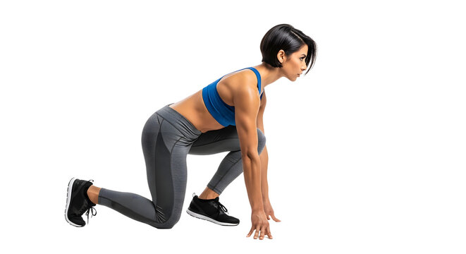 Young woman in athletic clothing in starting position for running isolated on white, fitness training and sport concept