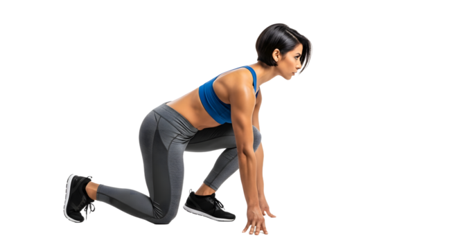 Young woman in athletic clothing in starting position for running isolated on white, fitness training and sport concept