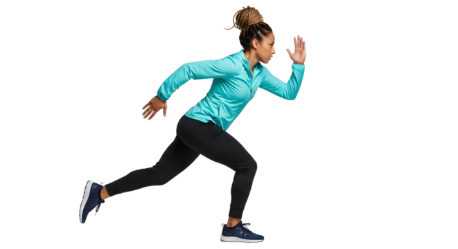 Young woman in sportswear sprinting in athletic running pose, fitness and exercise concept, perfect for sports and health projects