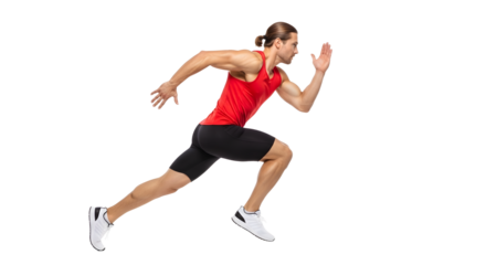 Athletic woman sprinting in running gear isolated on white background for fitness and sports training