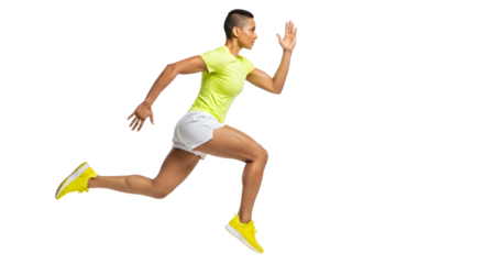 Athletic woman sprinting in neon green sportswear and yellow running shoes isolated on black background, perfect for fitness and sports advertisements