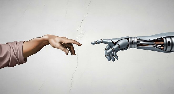 Human and robotic hands almost touching, representing connection and creation