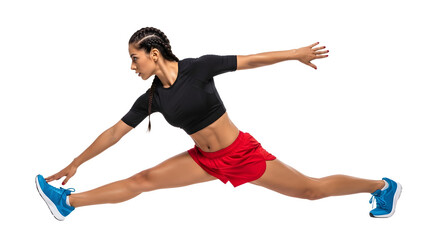 Athletic young woman performing a jump split in sportswear with blue running shoes on white background, perfect for fitness and active lifestyle content