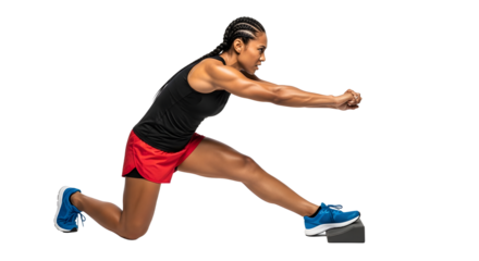 Female athlete performing a stretch exercise in sportswear, focusing on flexibility and warm-up, isolated on white background, perfect for fitness and workout content