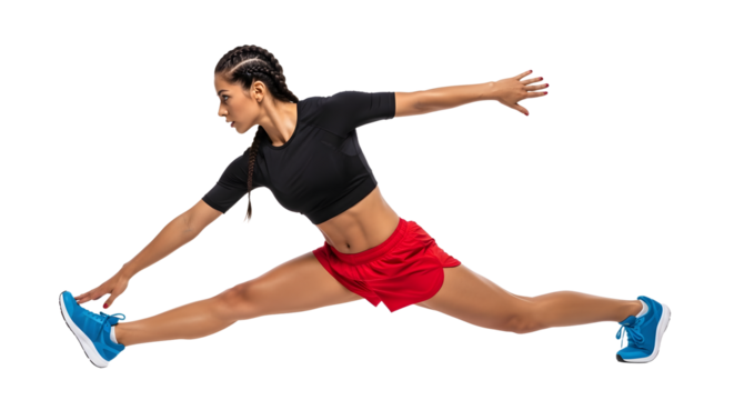 Athletic young woman performing a jump split in sportswear with blue running shoes on white background, perfect for fitness and active lifestyle content