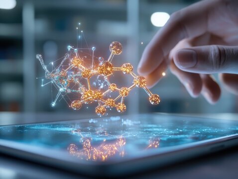 Technology and science combine as a hand interacts with a glowing molecular structure above a tablet screen in a lab setting - Powered by Adobe