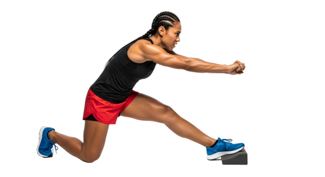 Female athlete performing a stretch exercise in sportswear, focusing on flexibility and warm-up, isolated on white background, perfect for fitness and workout content