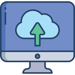 Computer Monitor Displaying Cloud Upload Symbol With Green Arrow Against A Blue Screen And Gray Base Representing Digital Data Transfer And Cloud Computing Services In A Clean Minimalist Style
