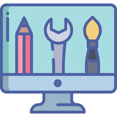 Computer Screen Displaying Drawing Pencil Wrench and Paintbrush Icon on Transparent Background Represents Digital Tools and Creativity