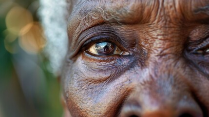 Close-up of an elderly African woman with gray hair and deep-set eyes. The image captures her textured skin and expressive gaze, conveying wisdom and experience.