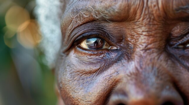 Close-up of an elderly African woman with gray hair and deep-set eyes. The image captures her textured skin and expressive gaze, conveying wisdom and experience.