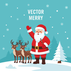 Santa Claus waving hello with two reindeer and a Christmas tree in a snowy forest during winter.