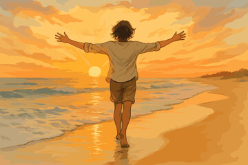 Fototapeta premium A young male with outstretched arms walks along a tranquil beach at sunset, embracing the serene ocean view.