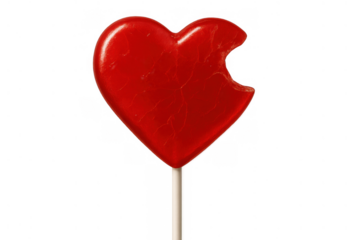 Red heart-shaped lollipop with a bite taken out, representing love, romance, heartbreak, and sweet sadness. Transparent background