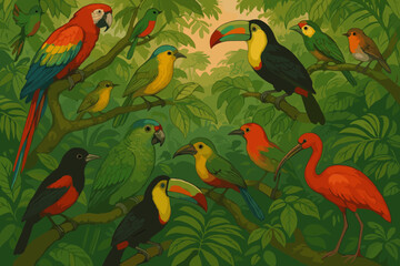 Obraz premium Various species of colorful tropical birds, including parrots and toucans, perched on lush green jungle branches.