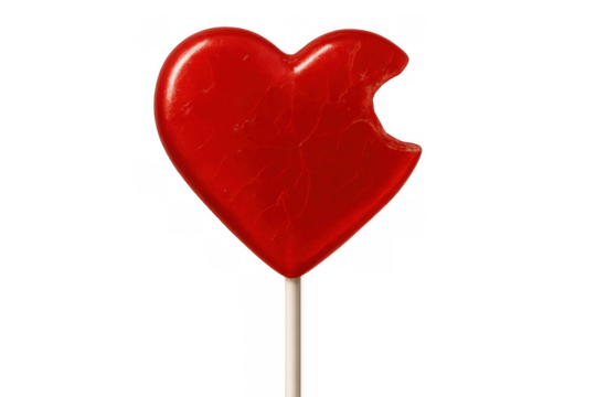 Red heart-shaped lollipop with a bite taken out, representing love, romance, heartbreak, and sweet sadness. Transparent background