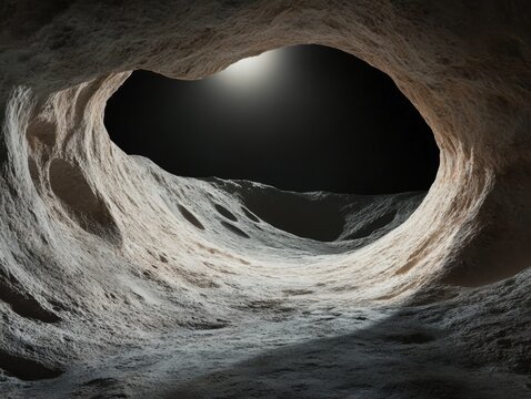Exploring a lunar cave with light illuminating the rocky textures and surface features on a distant moon - Powered by Adobe