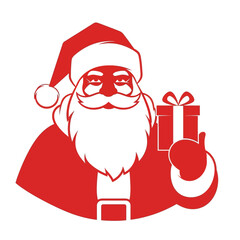 A stylized red silhouette of Santa Claus holding a gift and giving a thumbs up.