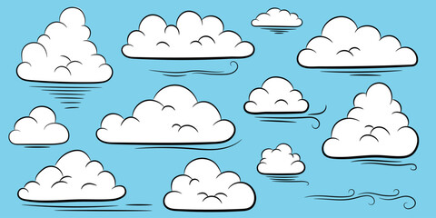 Color Hand Drawn Cloud Set. Sky Elements on Blue Background for Weather and Dreamy Designs