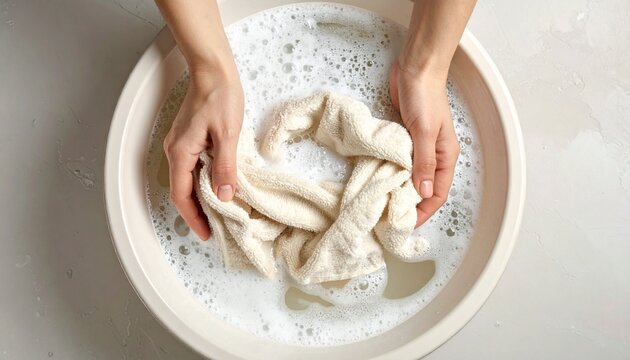 비눗물에 수건을 손세탁하는 장면 Hand washing a towel in soapy water basin - Powered by Adobe