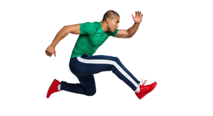 Athletic man in sportswear jumping in mid-air isolated on white background, fitness and active lifestyle concept