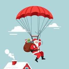 Cartoon Santa Claus with a red parachute delivering Christmas presents from the sky to a snowy rooftop.
