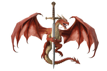 Red dragon holding a sword fantasy creature illustration isolated on white background