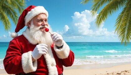 Obraz premium Santa Claus enjoying a lollipop on a tropical beach under palm trees 