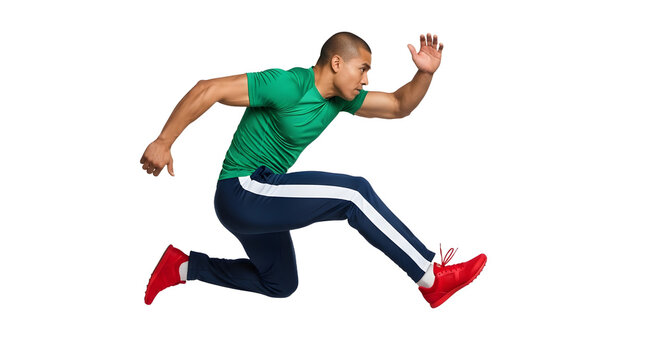 Athletic man in sportswear jumping in mid-air isolated on white background, fitness and active lifestyle concept