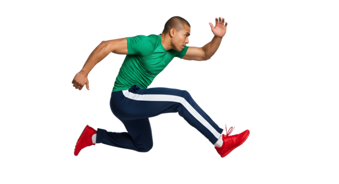 Athletic man in sportswear jumping in mid-air isolated on white background, fitness and active lifestyle concept - Powered by Adobe
