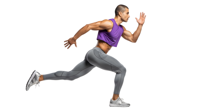 Athletic man sprinting in sportswear isolated on white background, fitness and running concept, perfect for sports campaigns