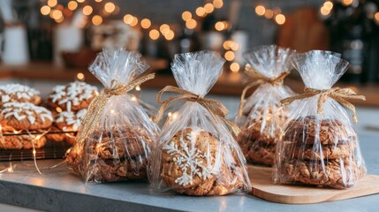 Obraz premium Festively wrapped Christmas cookies in clear bags are ideal for sharing and celebrating the holiday spirit!