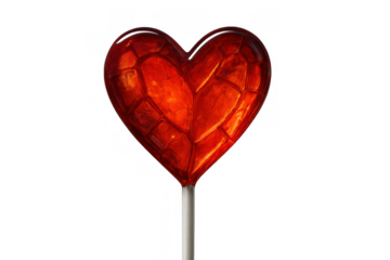 Red heart lollipop displaying love and sweet indulgence, a valentine's day treat with a fractured candy surface