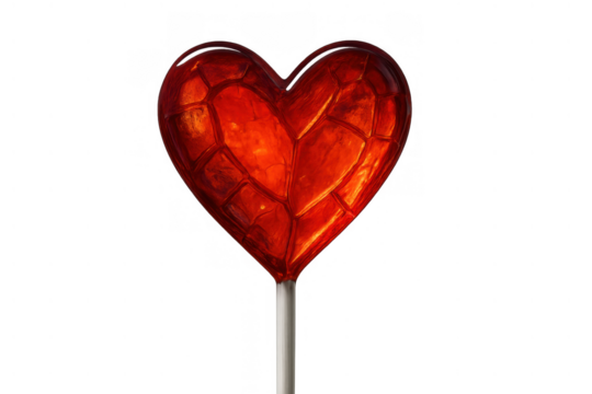 Red heart lollipop displaying love and sweet indulgence, a valentine's day treat with a fractured candy surface