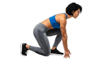 Fit woman in sportswear in starting position preparing for sprint or run on transparent background, fitness and exercise concept