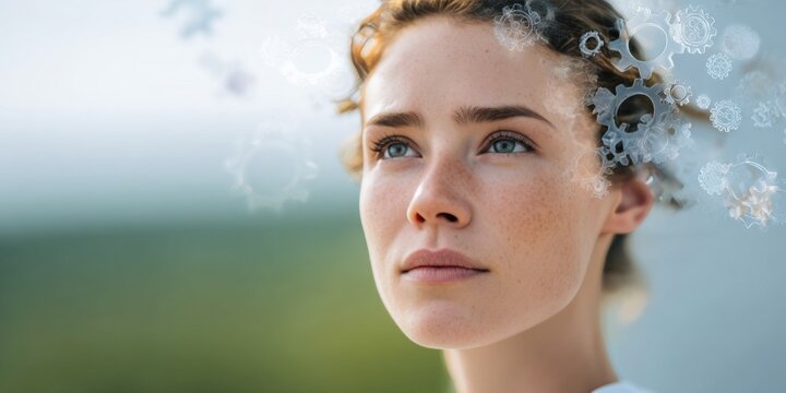 Woman with thoughtful expression surrounded by floating transparent gears, symbolizing neurodiversity and mental health awareness in a serene environment - Powered by Adobe
