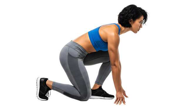 Fit woman in sportswear in starting position preparing for sprint or run on transparent background, fitness and exercise concept