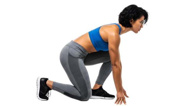 Fit woman in sportswear in starting position preparing for sprint or run on transparent background, fitness and exercise concept