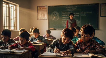 Focused students diligently writing in a bright classroom, with a teacher overseeing, showcasing the essence of early education and learning