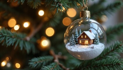 Christmas ornament with snowy house inside hanging on tree  