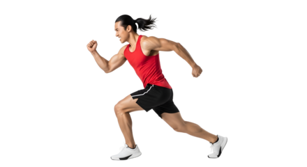 Athletic man running in red tank top and black shorts isolated on white background, fitness and exercise concept