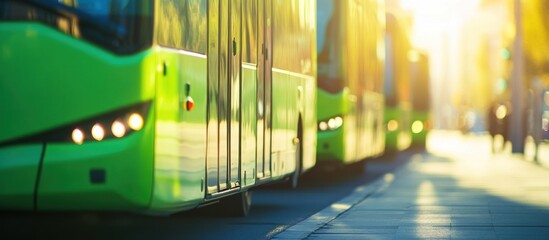 Green Energy Buses Aligned in Cityscape for Eco-Friendly Transport